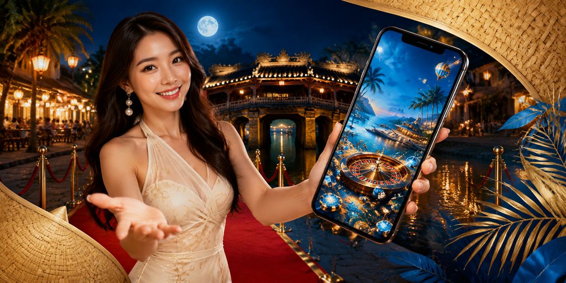 Người dùng tại Hội An mặc áo dài nón lá trải nghiệm casino trực tuyến trên điện thoại